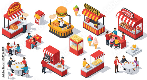Isometric illustration of various food stands and people enjoying meals