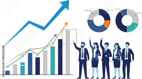 Business growth and success illustrated with charts and a team celebration