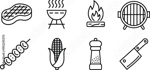 Barbecue and grill vector icon set with steak, corn, fire, kebab, and outdoor cooking equipment