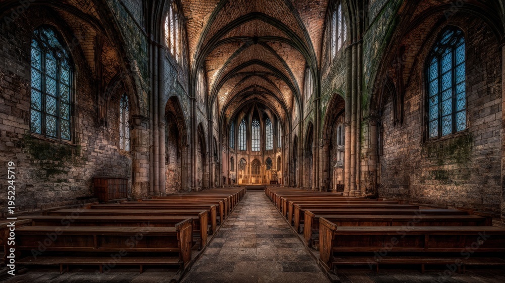 Obraz premium Interior View of an Old Gothic Church with Arched Ceiling and Wooden Benches, Religious Architecture