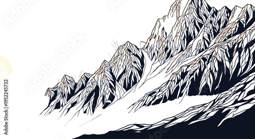 Dramatic mountain range illustration with a warm sunset on transparent background silhouette