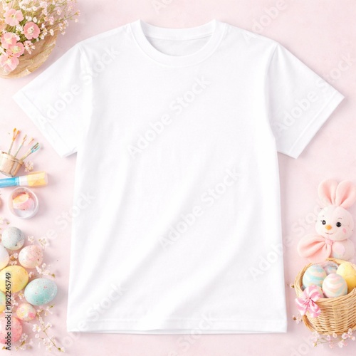 Blank White T Shirt Flat Lay Mockup Easter Pastel Background With Decorative Eggs