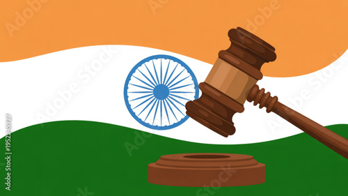 Indian law gavel and sound block with national flag background symbolizing justice and legal system in india courtroom proceedings and legislation