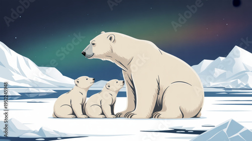 Polar bear family with two cubs sitting on arctic ice under the aurora borealis at night