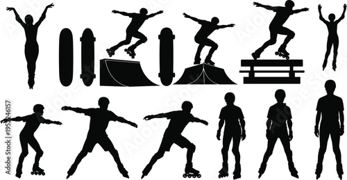 Roller skating silhouettes collection, inline skaters performing tricks and jumps, urban sport activity, skating poses, isolated black illustration set