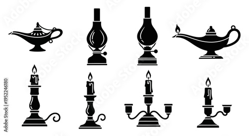 Black silhouettes of vintage lamps and candles on transparent background