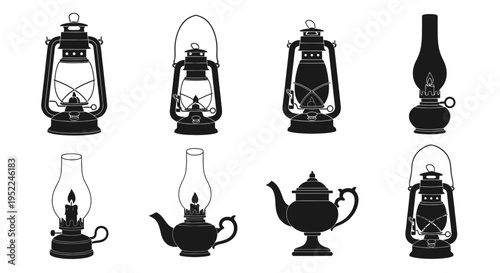 Collection of vintage kerosene lamps and oil containers on transparent background silhouette