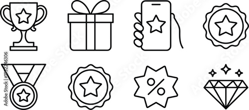 Rewards and loyalty program vector icon set with trophy, gift box, medal and discount badge