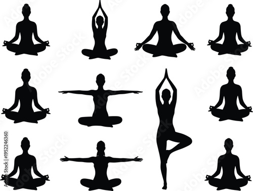Silhouette collection of women in various yoga poses, seated meditation, tree pose, calm posture, mindfulness, fitness activity, wellness routine, vector illustration, isolated design