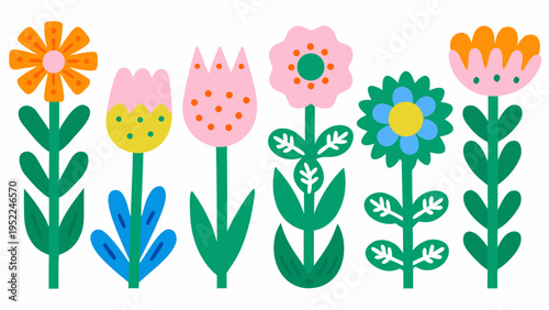 A row of colorful stylized flowers with simple shapes and green stems