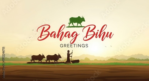 Festive bahag bihu greetings illustration with cattle mountains and a sunset backdrop