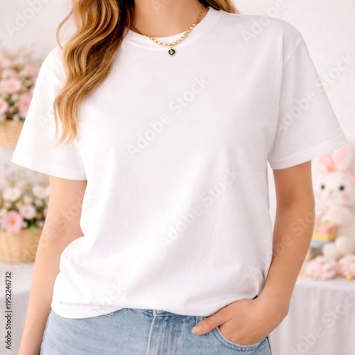 Blank White T Shirt Mockup On Woman Easter Pastel Background Lifestyle Close Up