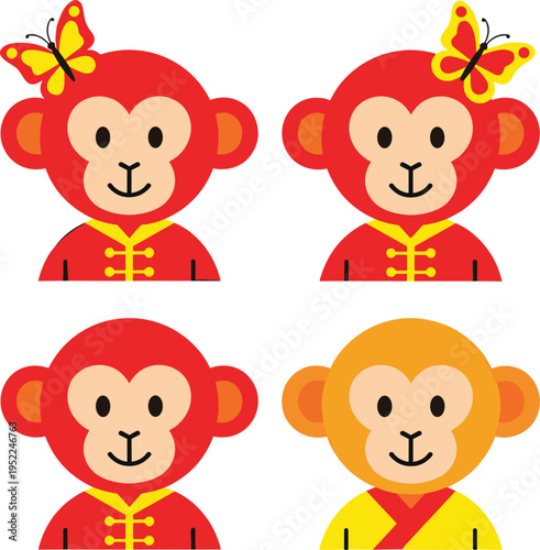 Cute monkey face cartoon set, colorful primate characters collection, funny jungle animal avatars, flat mascot illustration design