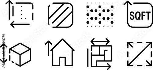 Real estate floor plan vector icon set featuring square feet, house dimensions and area measurement