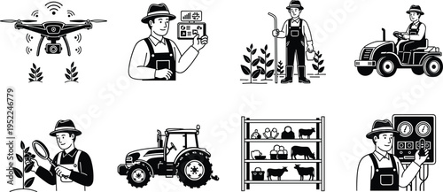 Smart farming icons set, agriculture technology, farmer with drone tractor livestock monitoring, modern agritech solutions, rural innovation illustration collection