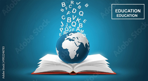 Globe rising from open book with floating alphabet letters symbolizing global education and learning