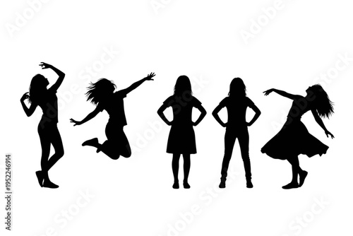 silhouettes of girls doing leisure activities relaxing dancing fashion vector icon sheet