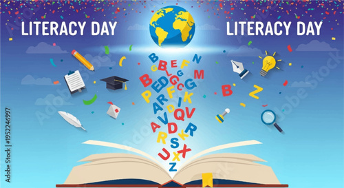 Literacy day graphic with globe book and learning objects floating up symbolizing education and knowledge