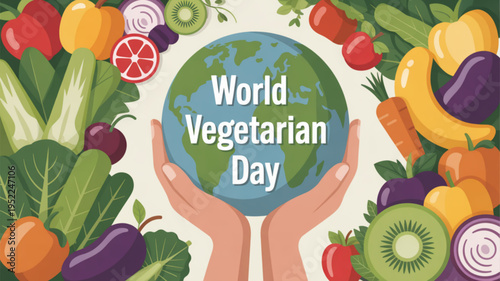 Hands holding earth globe surrounded by colorful vegetables and fruits for world vegetarian day celebration