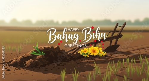 A peaceful bahag bihu greeting illustration with a rural landscape and farming tools