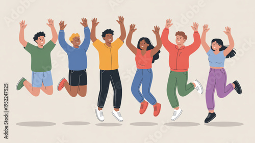 Diverse group of people jumping up with arms raised in celebration and joy on beige background