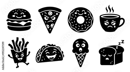 Funny Food Characters Icon Set Vector – Black Silhouette Illustrations of Burger, Pizza, Donut, Coffee Cup, Fries, Taco, Ice Cream, Bread with Emotions