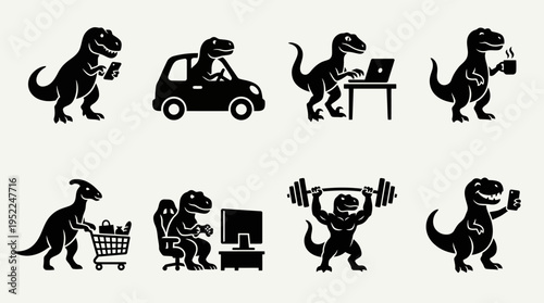 Modern Dinosaur Activities Icon Set Vector – Cartoon Illustrations of Dinosaurs Using Phone, Driving Car, Laptop, Coffee Chat, Shopping, Refrigerator, Weightlifting, Selfie
