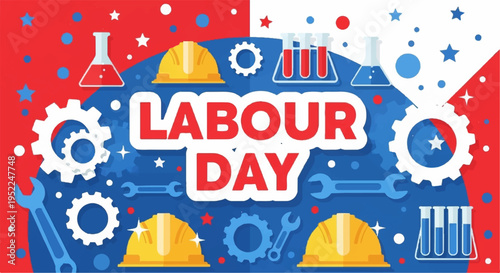 Labour day celebration with hard hats gears and tools on blue and red background with stars