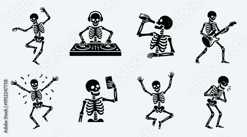 Skeleton Fun Elements Icon Set Vector – Cartoon Illustrations of Dancing, DJing, Drinking, Guitar Playing, Waving, Selfie, Ballet Pose, Laughing Skeletons for Creative Projects