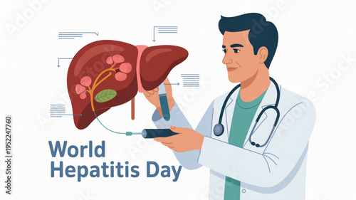 Doctor examines liver anatomy on screen for world hepatitis day awareness with stethoscope