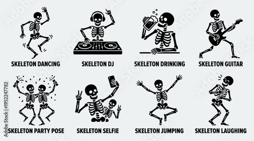 Skeleton Fun Elements Icon Set Vector – Cartoon Illustrations of Dancing, DJing, Drinking, Guitar Playing, Waving, Selfie, Ballet Pose, Laughing Skeletons for Creative Projects