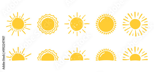 Set of hand drawn yellow sun illustrations with various sun and ray styles, full and half sun designs