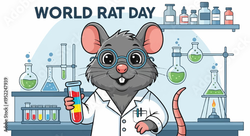Smiling lab rat in white coat holds test tube surrounded by science equipment world rat day theme