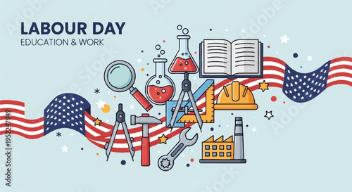 Labour day themed education and work icons with american flag on blue background