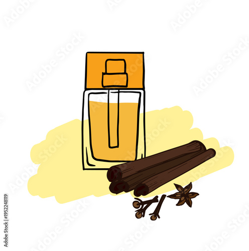 Men's perfume doodle with a spicy fragrance. Hand drawn vector illustration featuring cinnamon, clove, and anise, isolated for cosmetic branding or grooming topics.