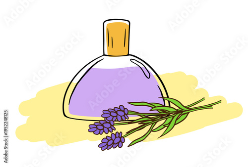 Lavender water or perfume doodle with a fresh floral scent. This hand drawn vector sketch is isolated, perfect for beauty, spa, and aromatherapy product branding.