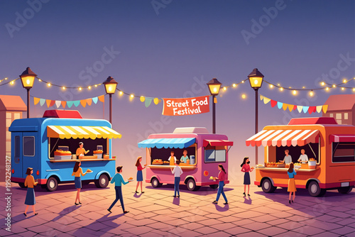 Street food festival with colorful food trucks