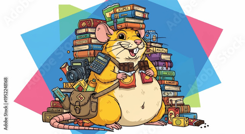 Whiskered hamster with glasses reads books symbolizing love for learning and education with colorful background