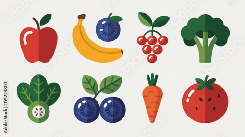 Colorful illustration of various fresh fruits and vegetables on white background for healthy eating and nutrition concepts