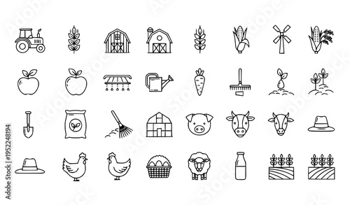 Farming Thin Line Icons Set with Agriculture Farm Crop Animal and Organic Symbols Vector