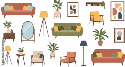 Modern living room furniture set collection with sofas, armchairs, floor lamps, potted plants, and abstract wall art