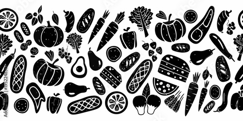 Black and white illustration of various fruits and vegetables in a pattern