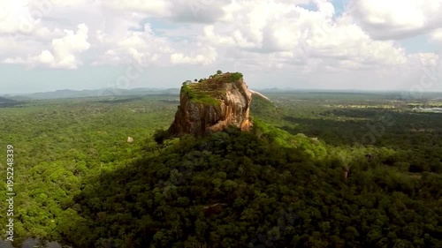 Breathtaking Aerial View of Sigiriya Rock Fortress in Sri Lanka. a UNESCO World Heritage site, isolation and strategic grandeur of this historic archaeological monument.