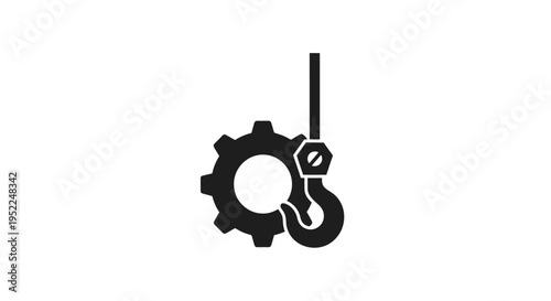 Black silhouette of a gear with a hook and bolt design