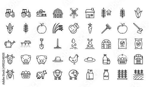 Farming and Agriculture Thin Line Icons with Farm Crop Animal and Organic Symbols Vector