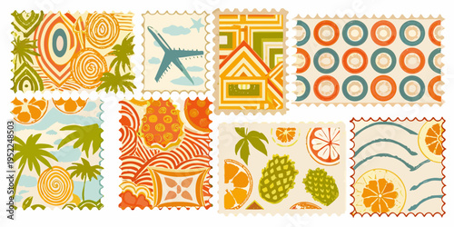 Collection of patterned postage stamps with tropical and geometric designs