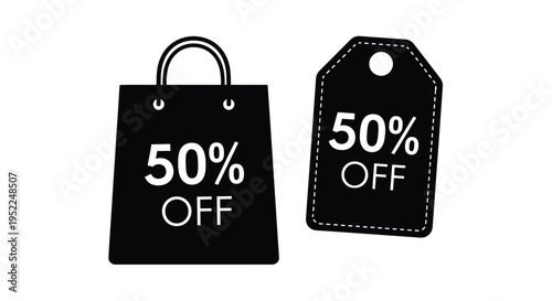 Black shopping bag and price tag displaying a fifty percent discount