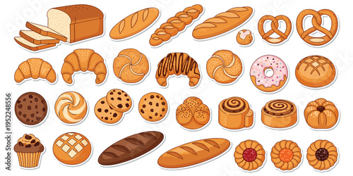 “Assorted bakery items including bread, pastries, donuts, cookies, croissants, muffins, pretzels and sweet rolls food design flat vector illustration”
