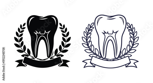 Two tooth illustrations encircled by laurel wreaths with ribbon banners