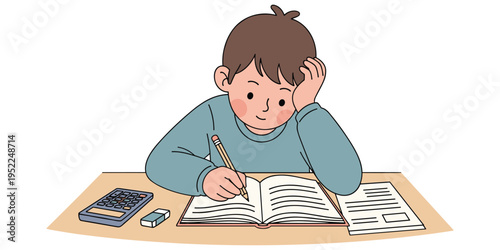 “Focused child sitting at desk writing homework with pencil surrounded by school supplies representing education and learning flat vector illustration”